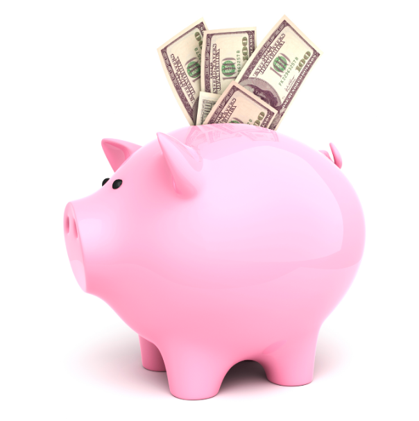 A pink piggy bank with dollar bills poking out of the top