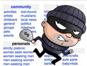 Cartoon of a burglar with Craigslist menu page in the background