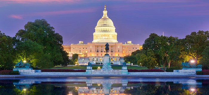 A nighttime landscape of United States Capitol building in Washington D.C.