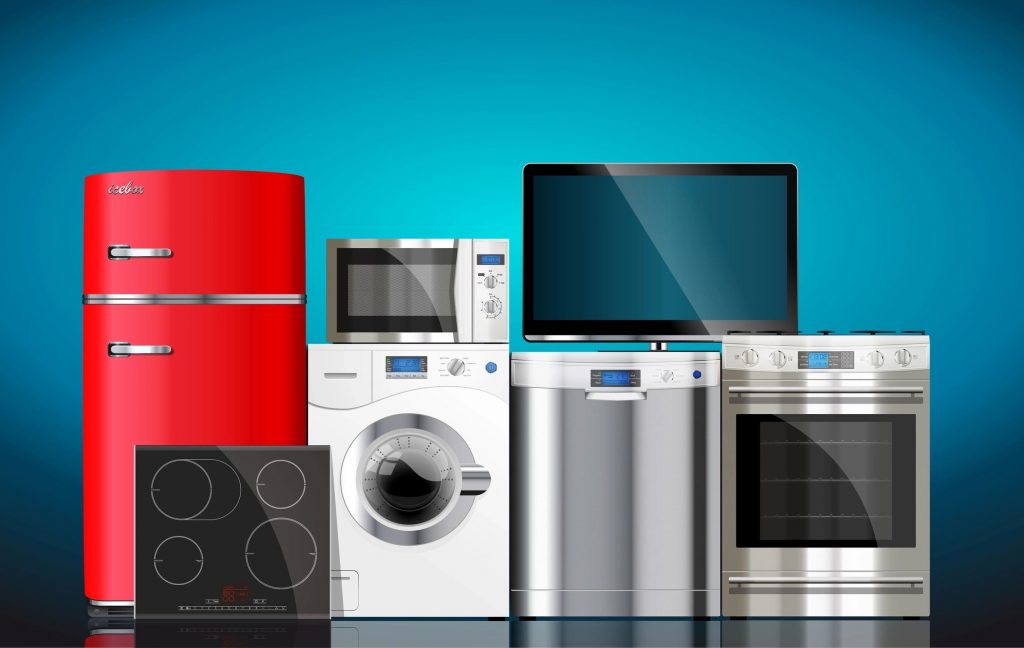 Silver and red appliances arranged in front of a blue background