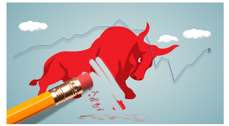 Illustration of a red bull being erased with a line graph and clouds in the background