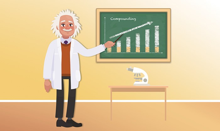 An illustration of an Albert Einstein-looking professor in a classroom setting