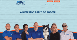 Promotional shot of Above Roofing employees, owners, and their dog