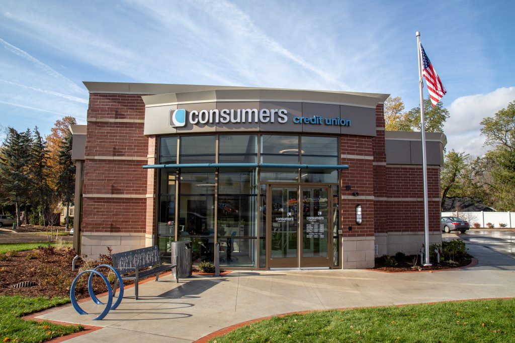 Consumers Credit Union branch with two blue circle bike racks