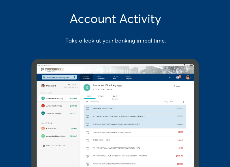 Account activity view of Online Banking