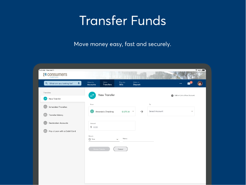 Transfer funds capabilities in Online Banking