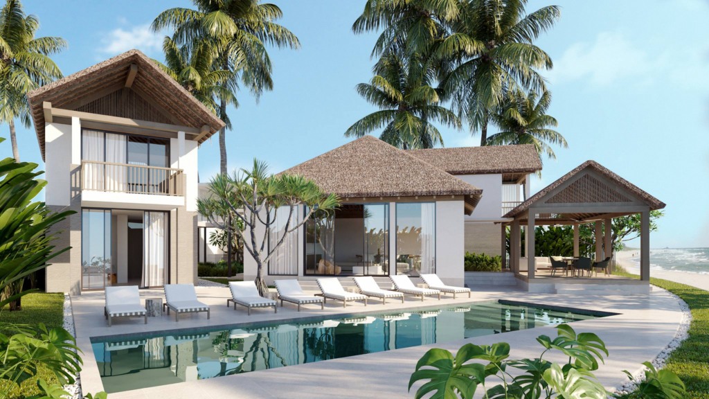 A vacation home in a tropical setting with a pool and palm trees in the background.