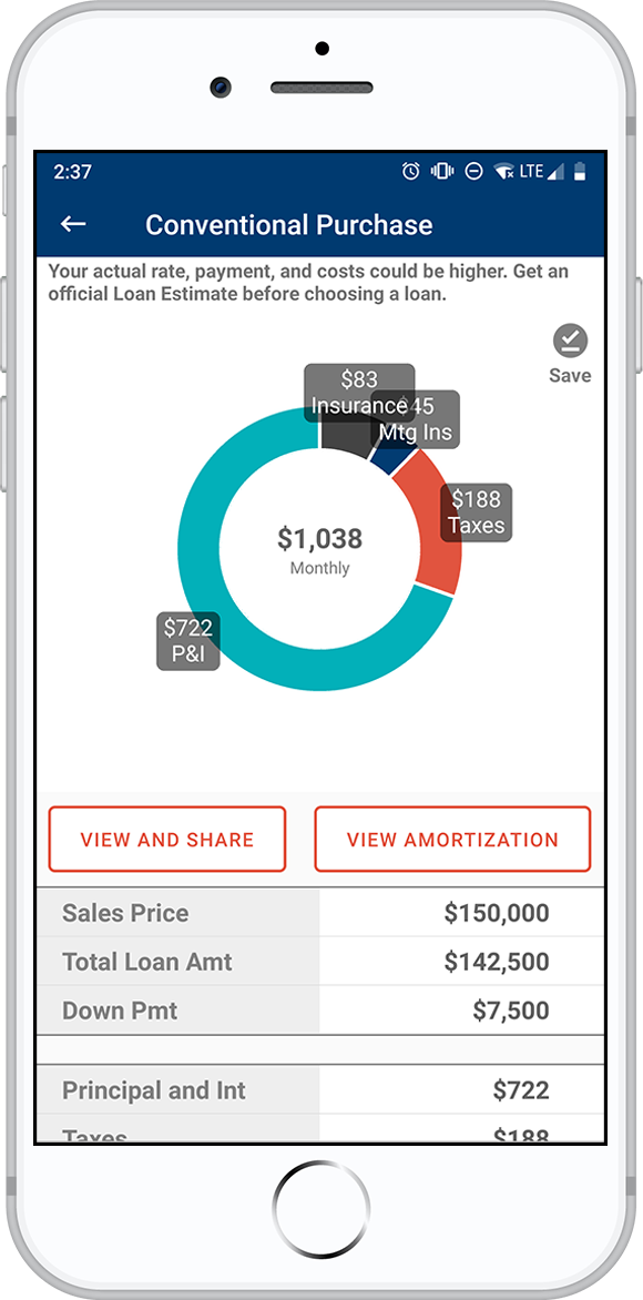 The Consumers Credit Union mobile loan calculator tool on an iPhone.