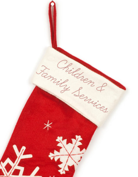 Red Christmas stocking with shadow on white background