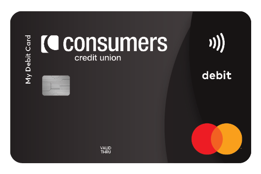 A black Consumers Credit Union debit card.