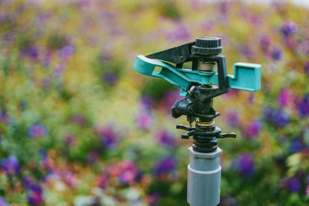 A green lawn sprinkler near a bed of purple flowers.