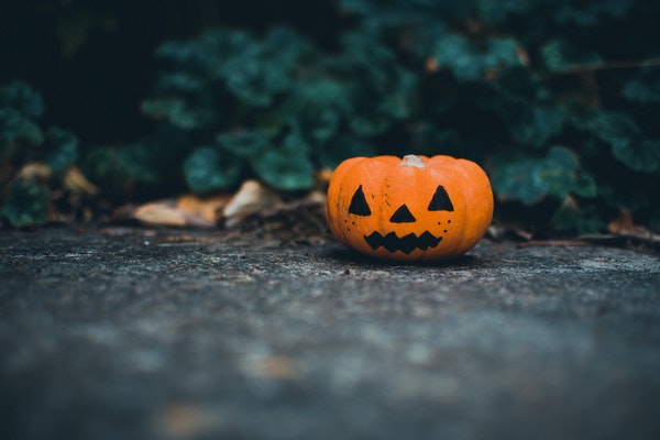 A jack-o'-lantern decoration on asphalt ground in front of a bush.