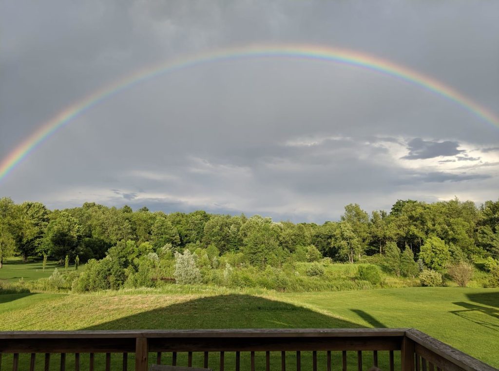 A wooden deck looking over a yard with a backdrop of a forest and a full arc rainbow.