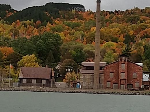 A tree-filled hillside in Houghton, Michigan in autumn.