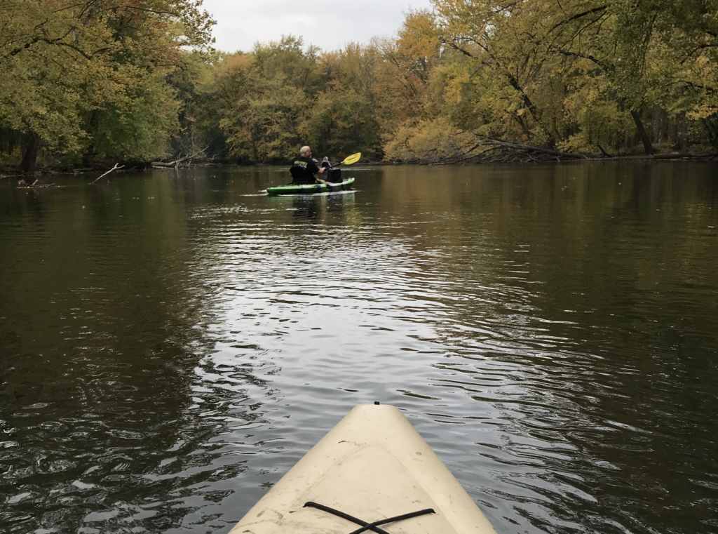 A couple of kayaks on the Kalamazoo River in Galesburg, Michigan in early Spring.