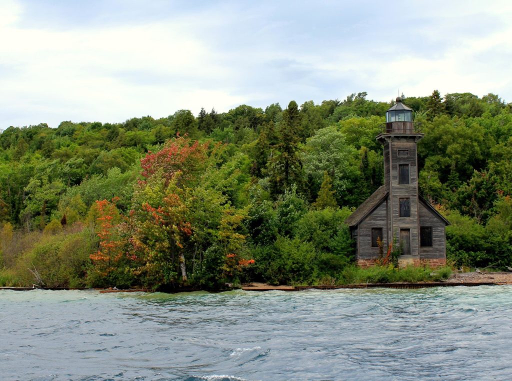 An old lighthouse on the shore in Kentwood, Michigan in early Fall.