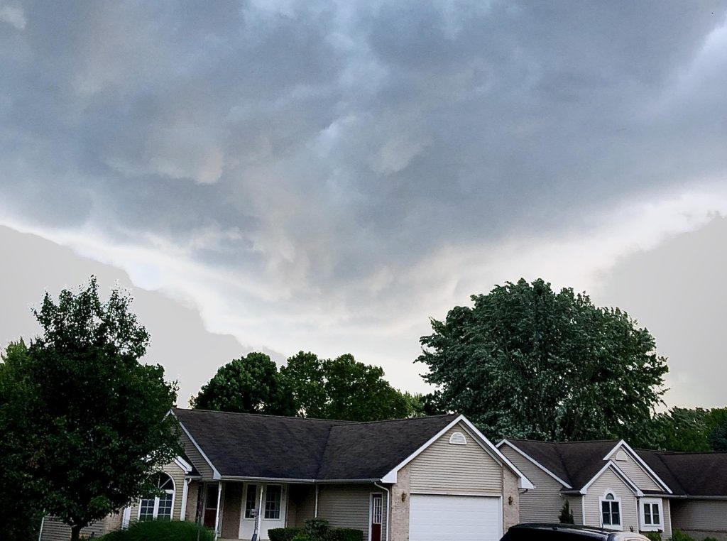 A cloudy sky over a residential neighborhood in Portage, Michigan.