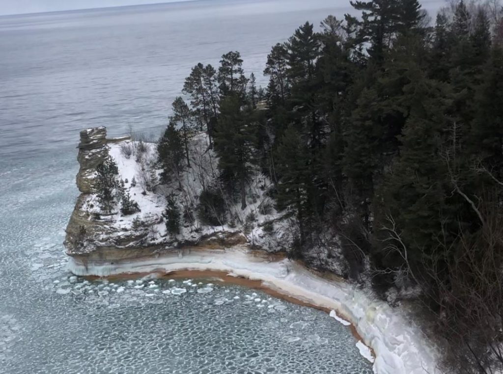 Ice covering the Pictured Rocks in the Upper Peninsula in Michigan during the winter.