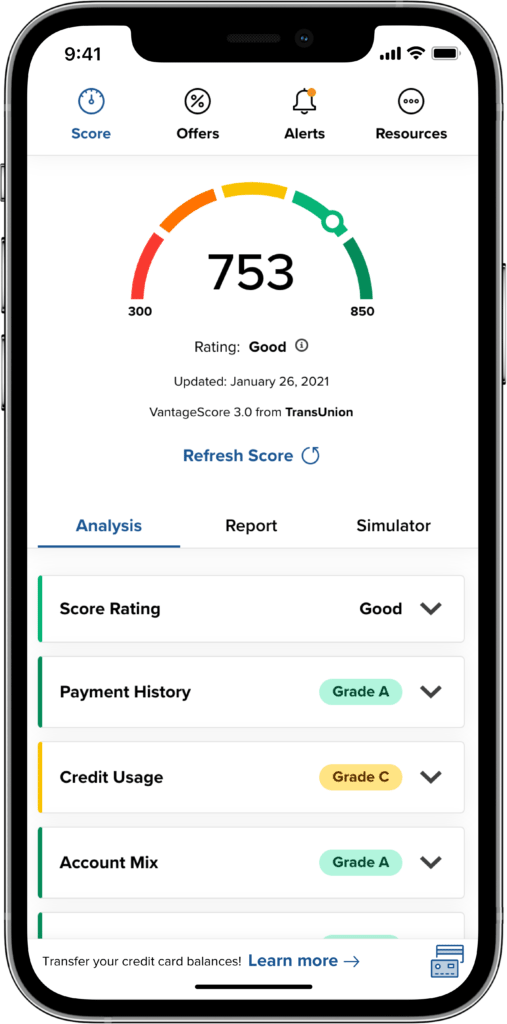 Credit score feature on cell phone