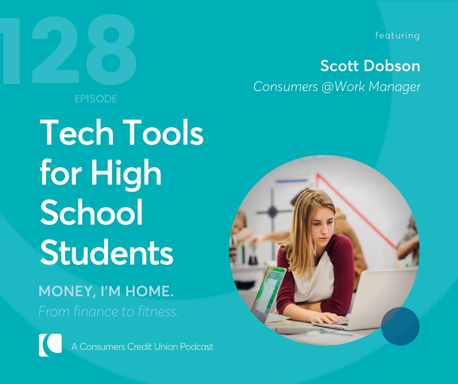 Blue graphic image with text of podcast title "Tech Tools for High School Students" with an image of a girl on a laptop