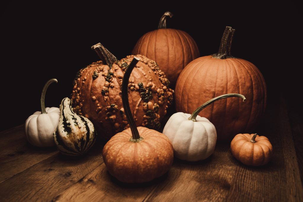 Eight pumpkins and gourds sitting on a wooden table.