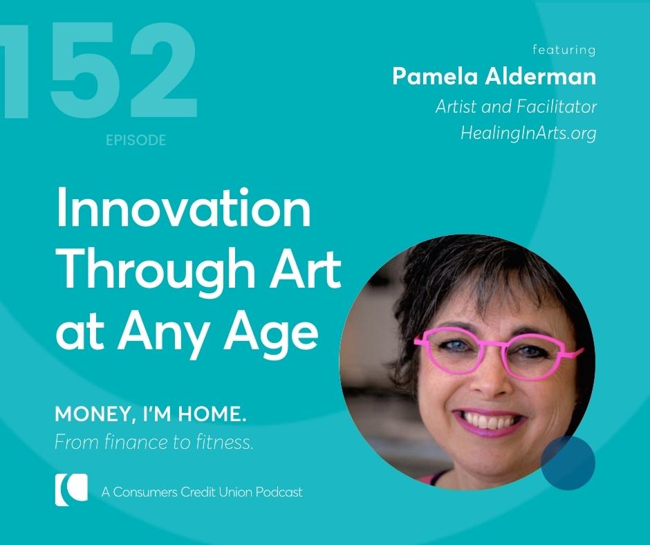 Consumers' podcast graphic with title and image of guest Pamela Alderman.