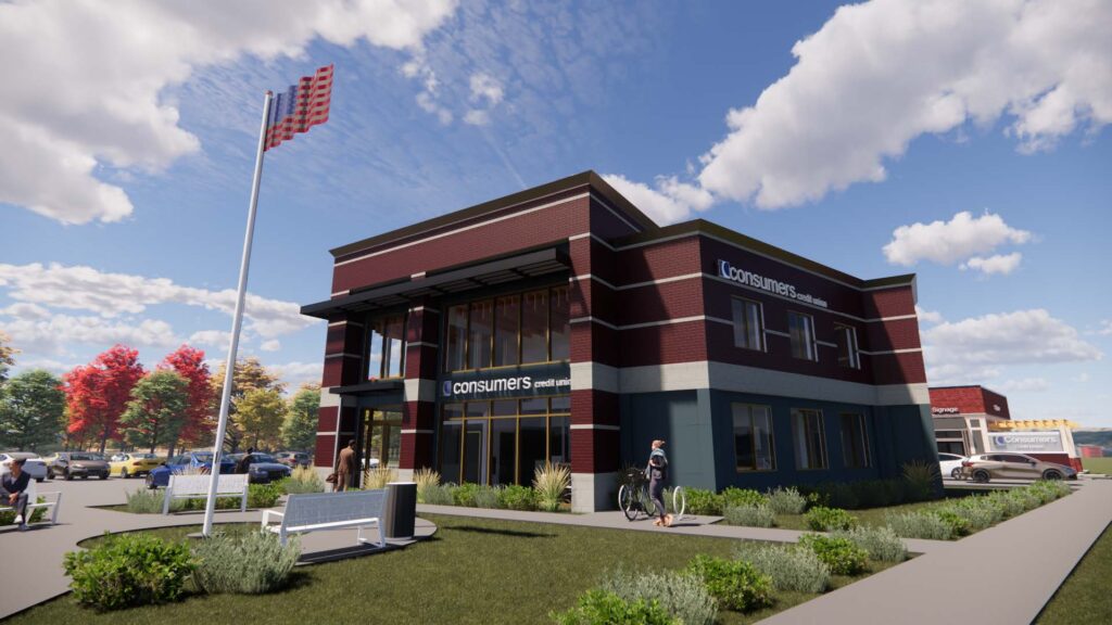 Virtual rendering of the Consumers Credit Union Woods Lake office.