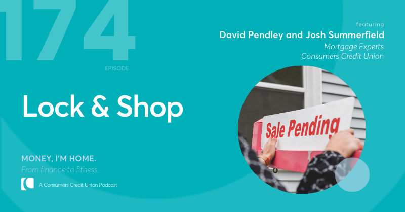 Consumers' podcast graphic with image of someone adding a "sale pending" sign on a for-sale sign.