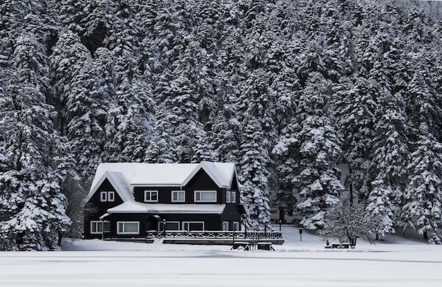 A two-story home nestled into a snowy, tree-covered yard.