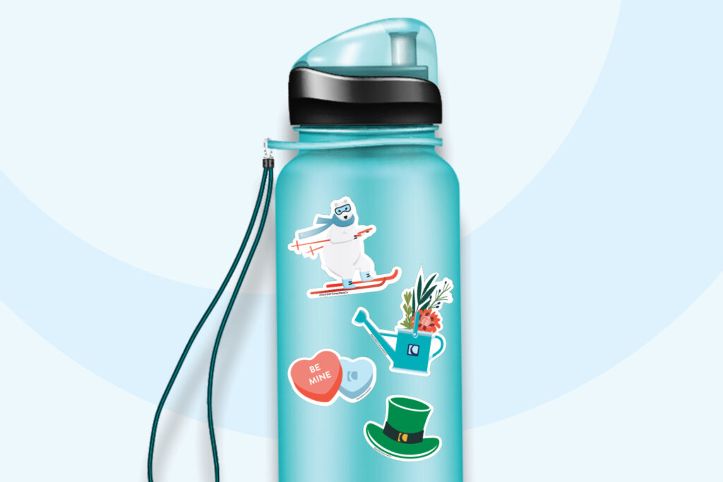 #StickWithConsumersCU stickers on a teal water bottle