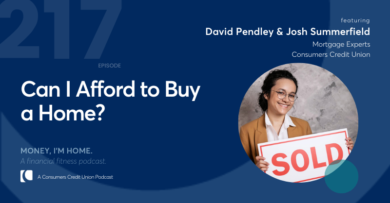 Consumers podcast graphic with image of a young woman holding a "sold" sign