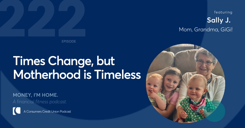 Consumers' podcast graphic with image of guest Sally with three of her great-grandchildren.