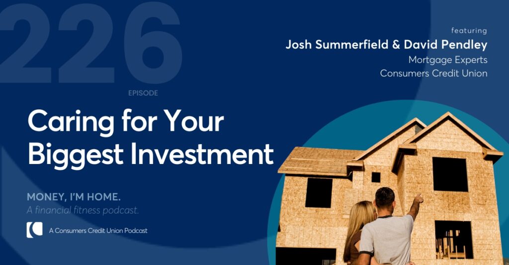 Consumers' podcast graphic with image of a couple looking at and pointing to a new house under construction.
