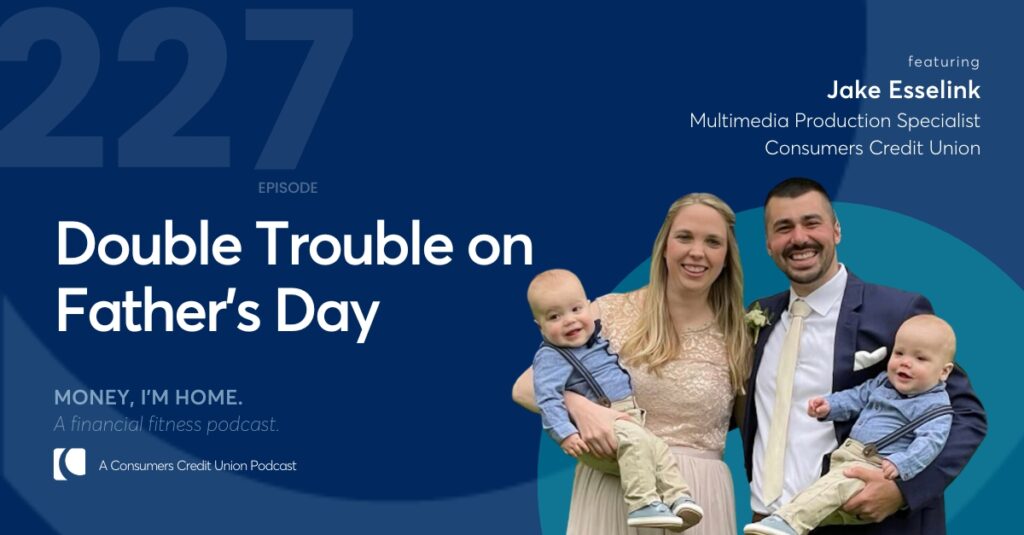 Podcast graphic with dark blue background and an image of Jake and Sara Esselink, each one holding one of their twin baby boys.
