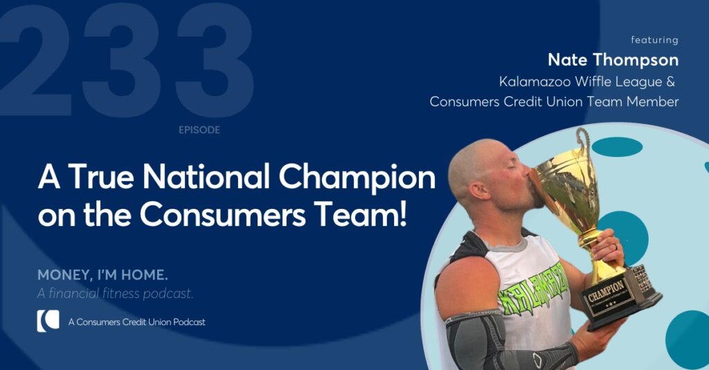 Consumers' podcast cover with image of guest Nate Thompson kissing a trophy from the National Wiffle Ball Championship game.