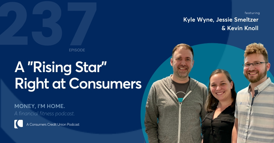 A photo of Jessie, Kevin and Kyle with Consumers' podcast title and dark blue background.