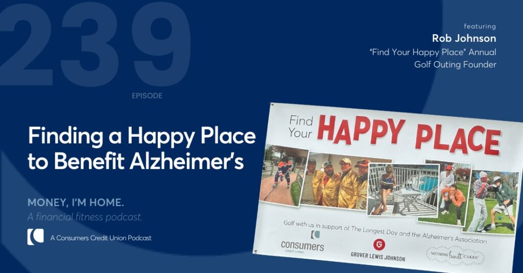 The podcast title graphic with an image of a white banner with red writing, "Find Your Happy Place"