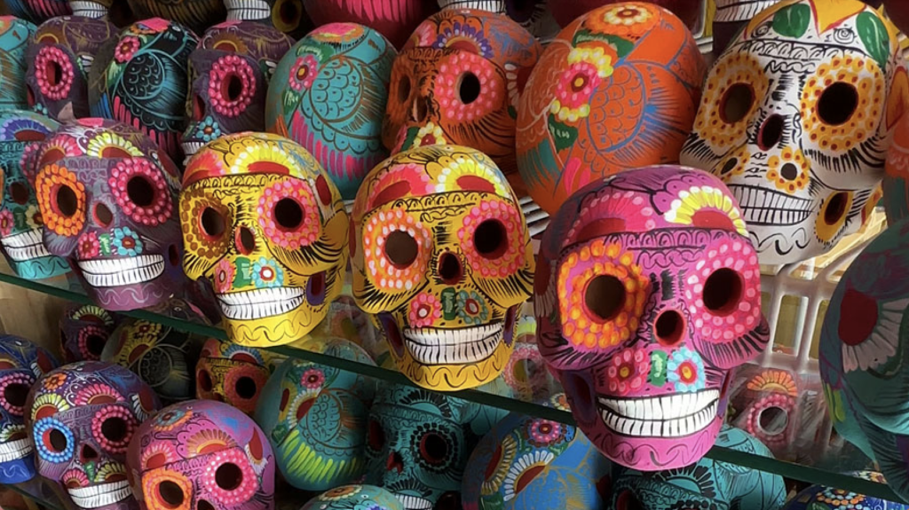 An image of authentic Mexican sugar skulls from Guelaguetza Designs.