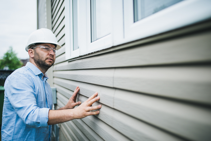 A construction professional wearing a white hardhat inspects the siding of a beige house.