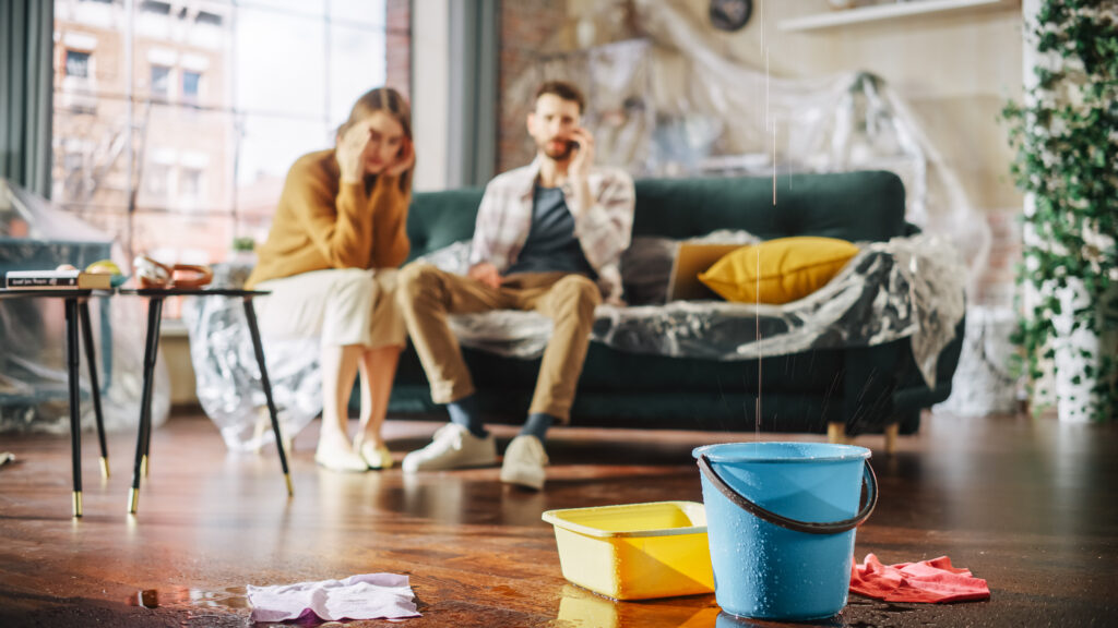 Man and woman sitting on a couch with a bucket in front of them catching ceiling drips
