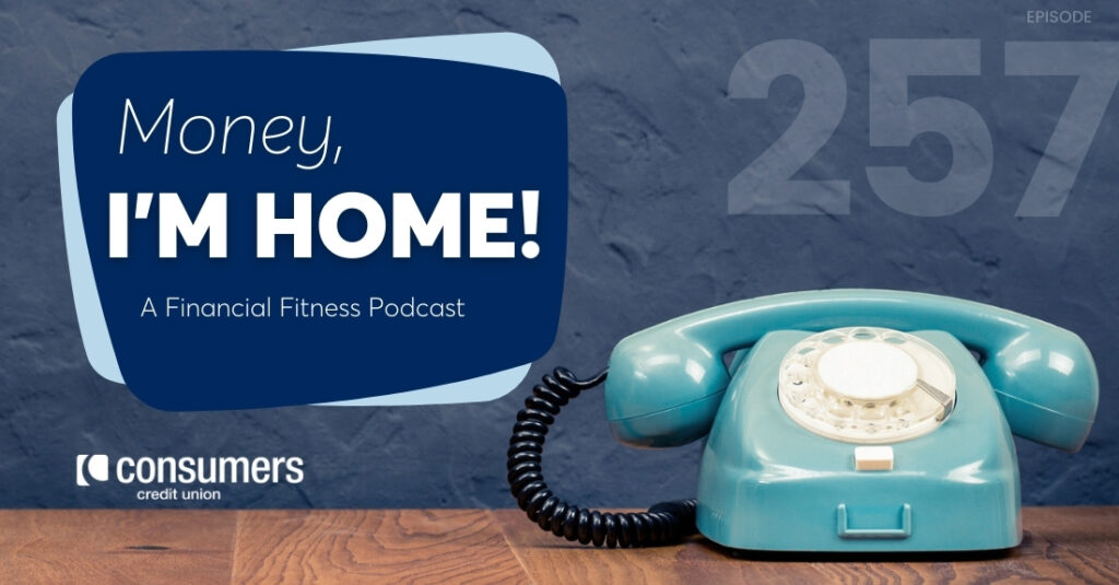 An image of a rotary-style light blue telephone with the title "Money, I'm Home"