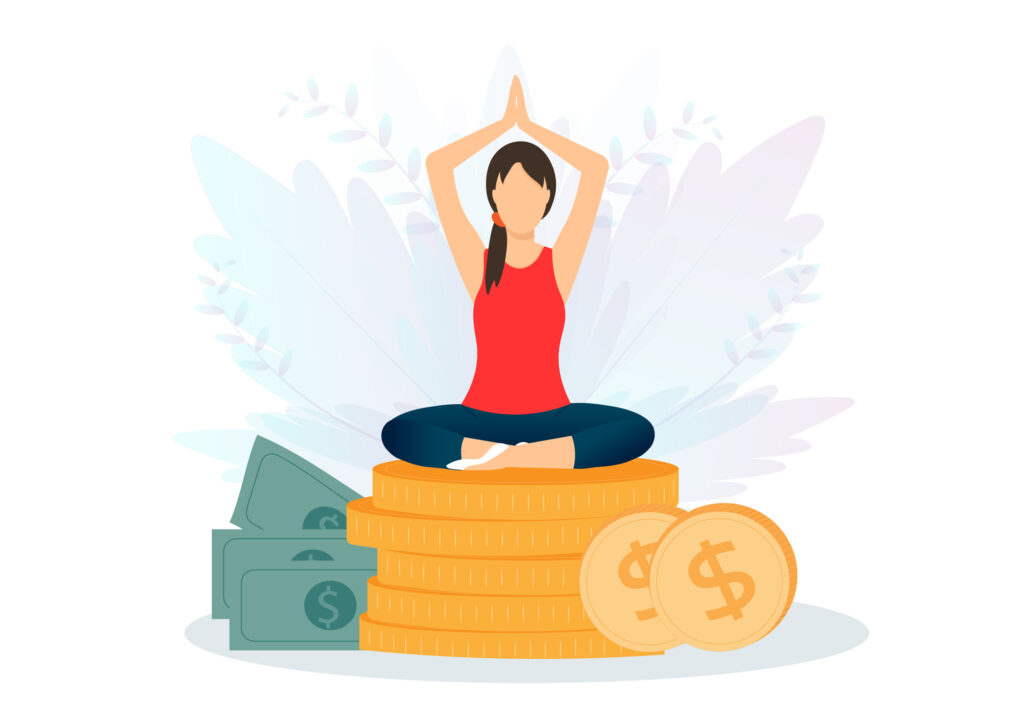 Woman in a yoga position on top of coins.