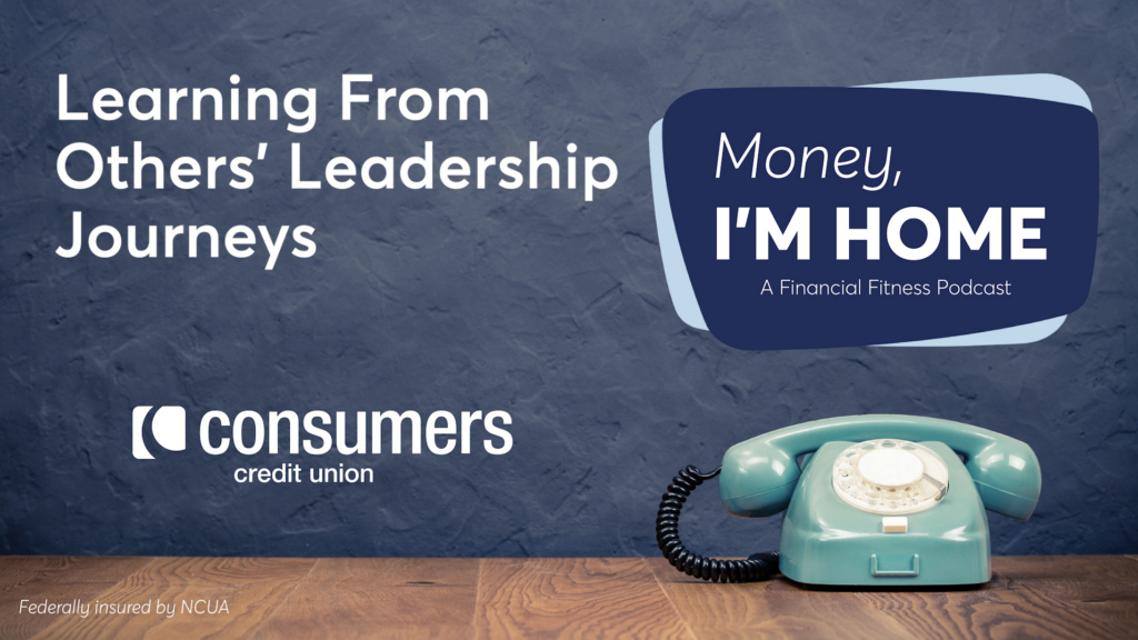 Consumers' podcast graphic with image of old blue phone and title.