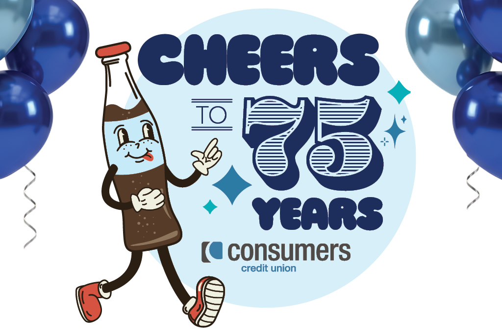 Cheers to 75 Years logo with root beer bottle and balloons.