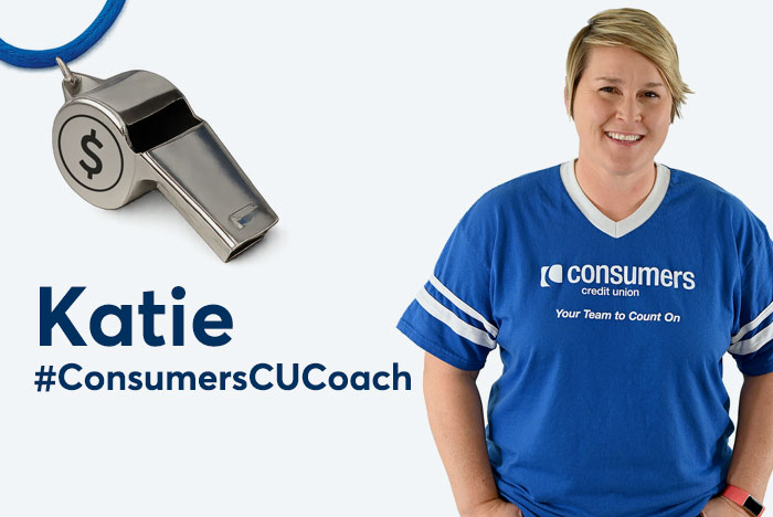 Coach Katie smiles in front of graphic whistle.