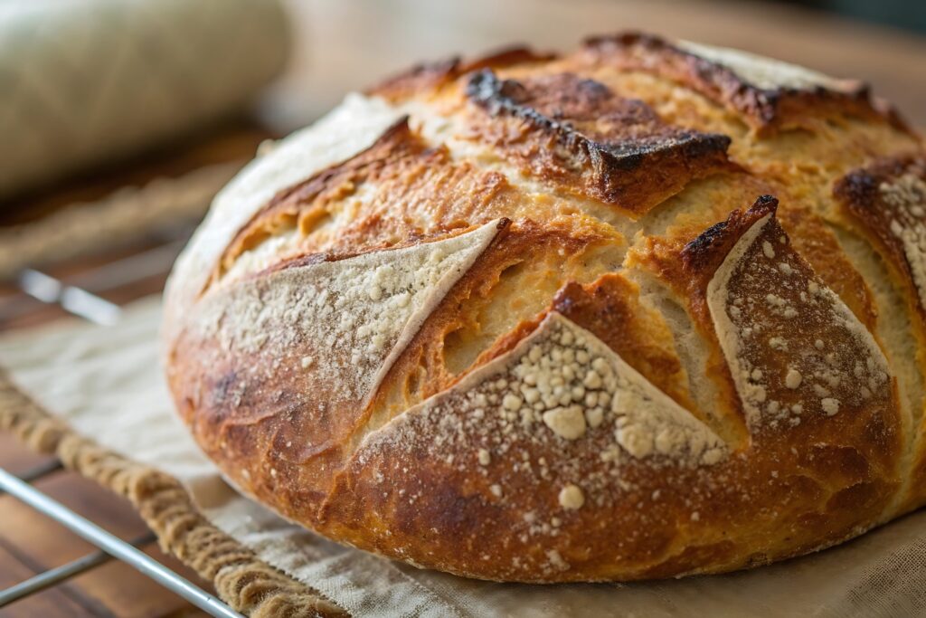 Homemade loaf of bread sitting on a cooling rack.