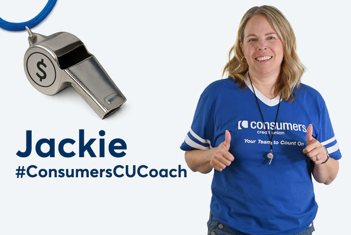 Coach Jackie smiles in front of whistle graphic.