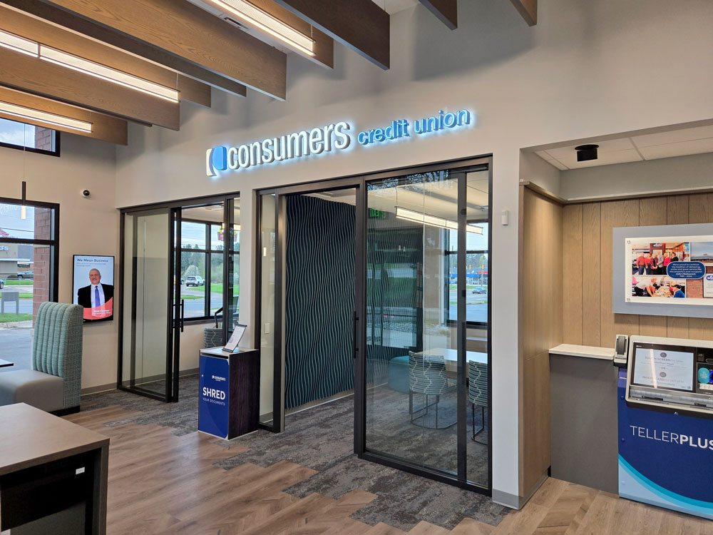 Inside of Rockford Office showing TellerPlus+ station and a couple of offices