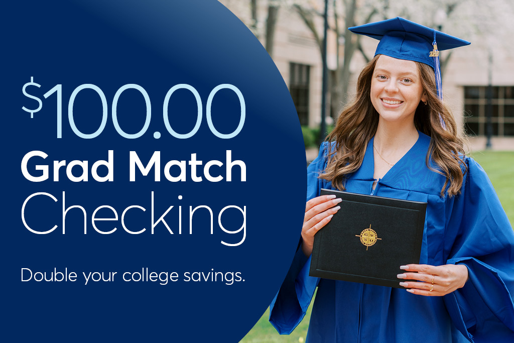 Female graduate in blue cap and gown