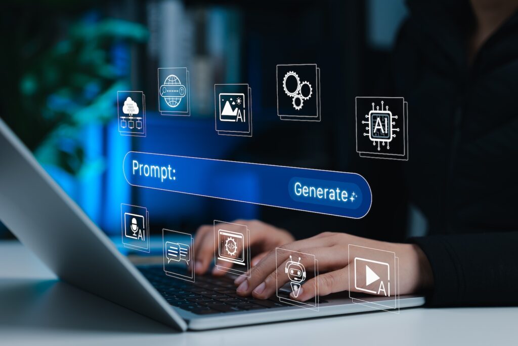 Person on a computer with AI icons floating above it.
